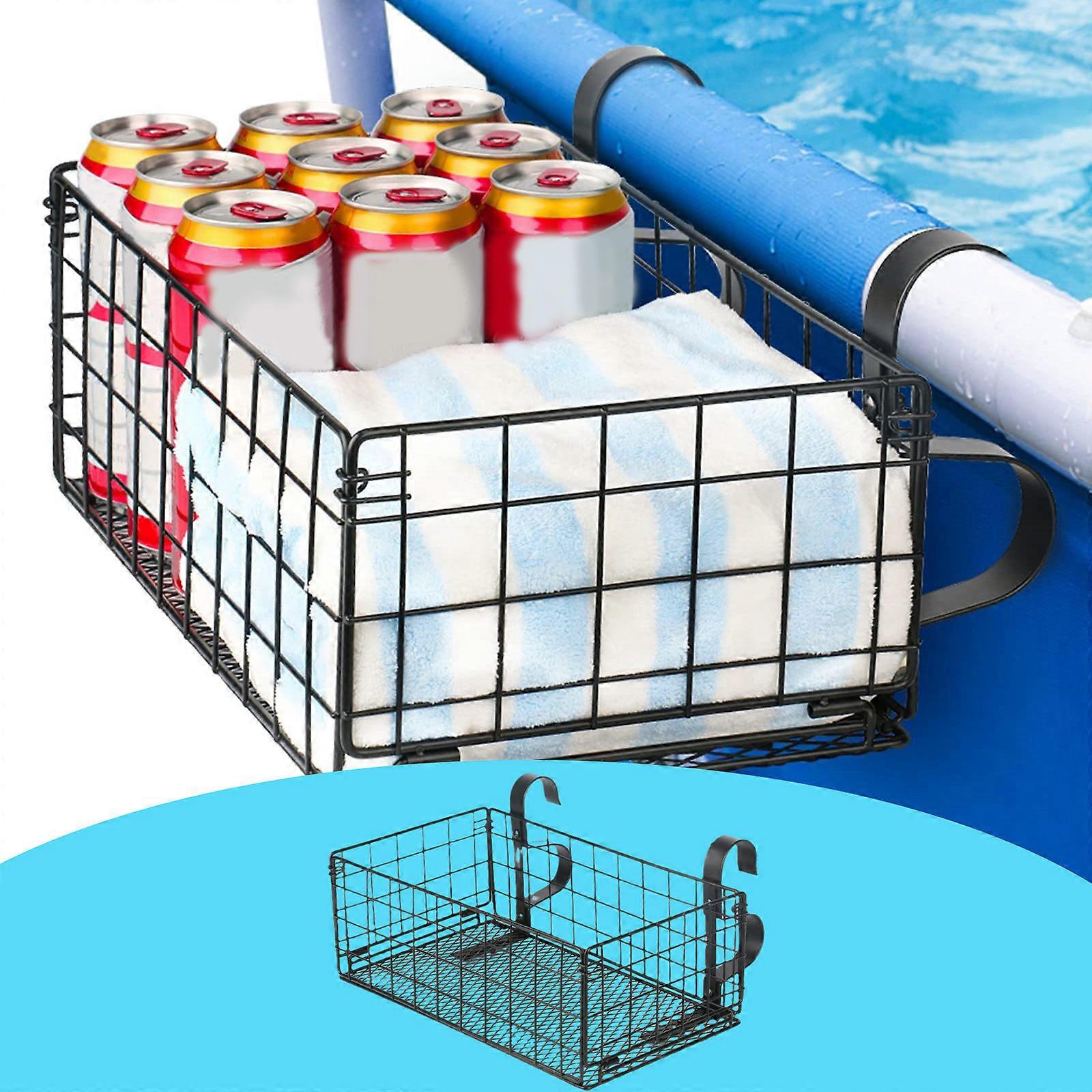 Largecapacity Swimming Pool Side Storage Basket Foldable Metal Ground Swimming Pool Storage Rack No Punching Storage Rack Beer Basket OO