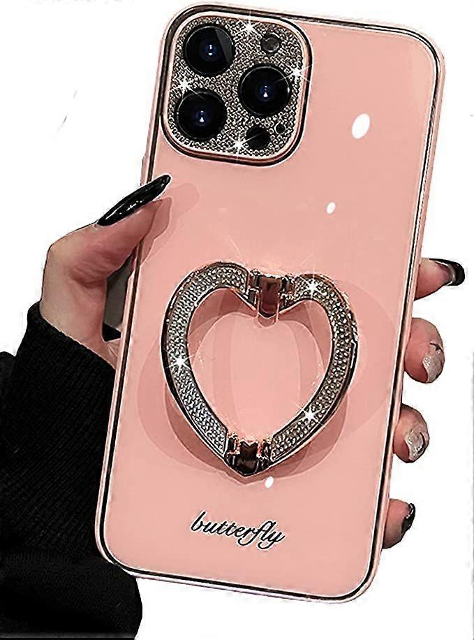 Compatible with iPhone 13 Pro Max Case for Girls Woman Cute Glitter Rhinestones Plating Case with Heart Folding Stand Holder Hard PC Back Soft TPU Bum