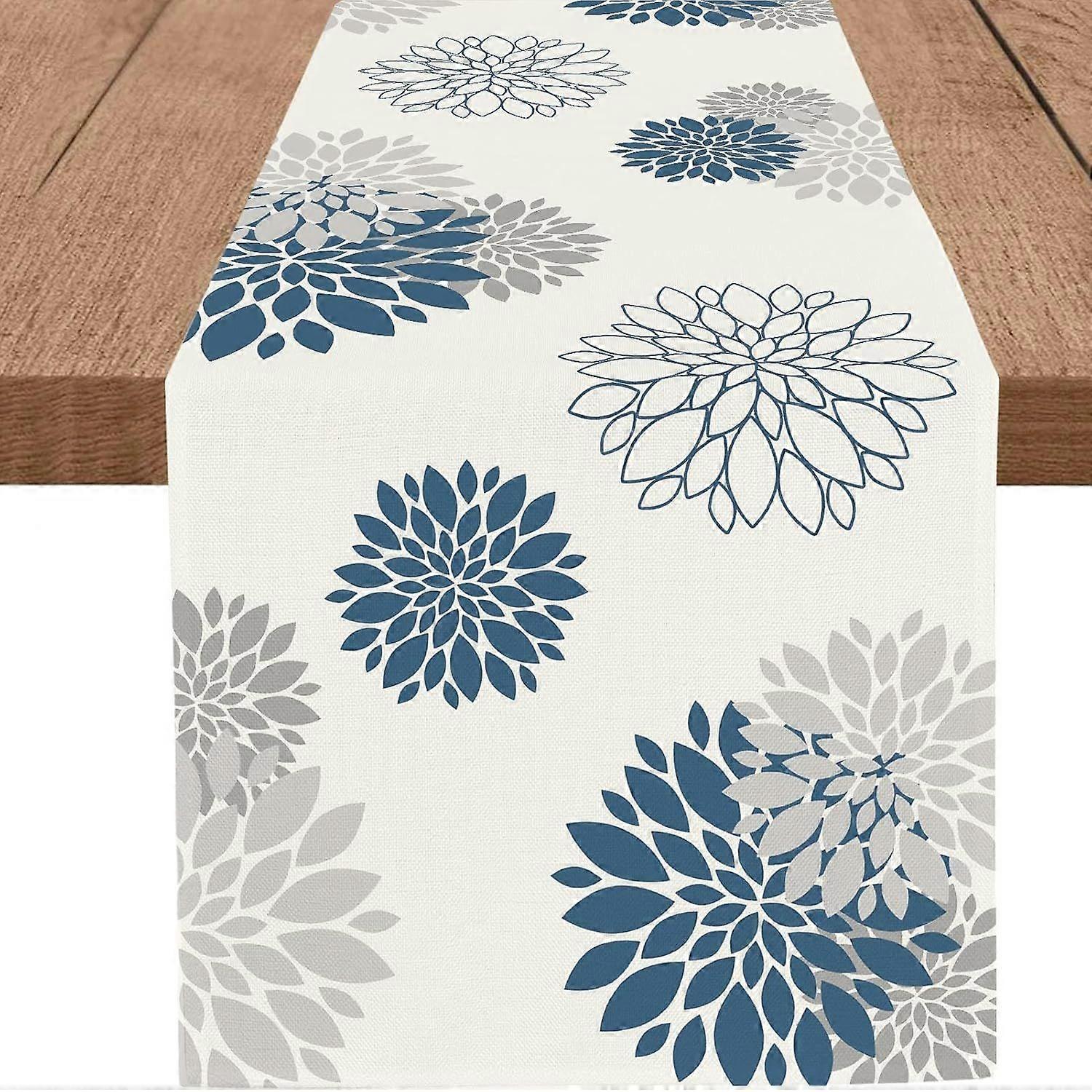 Blue Gray Table Runner Dahlia Pinnata Flower Beige Table Runners Modern Elegant