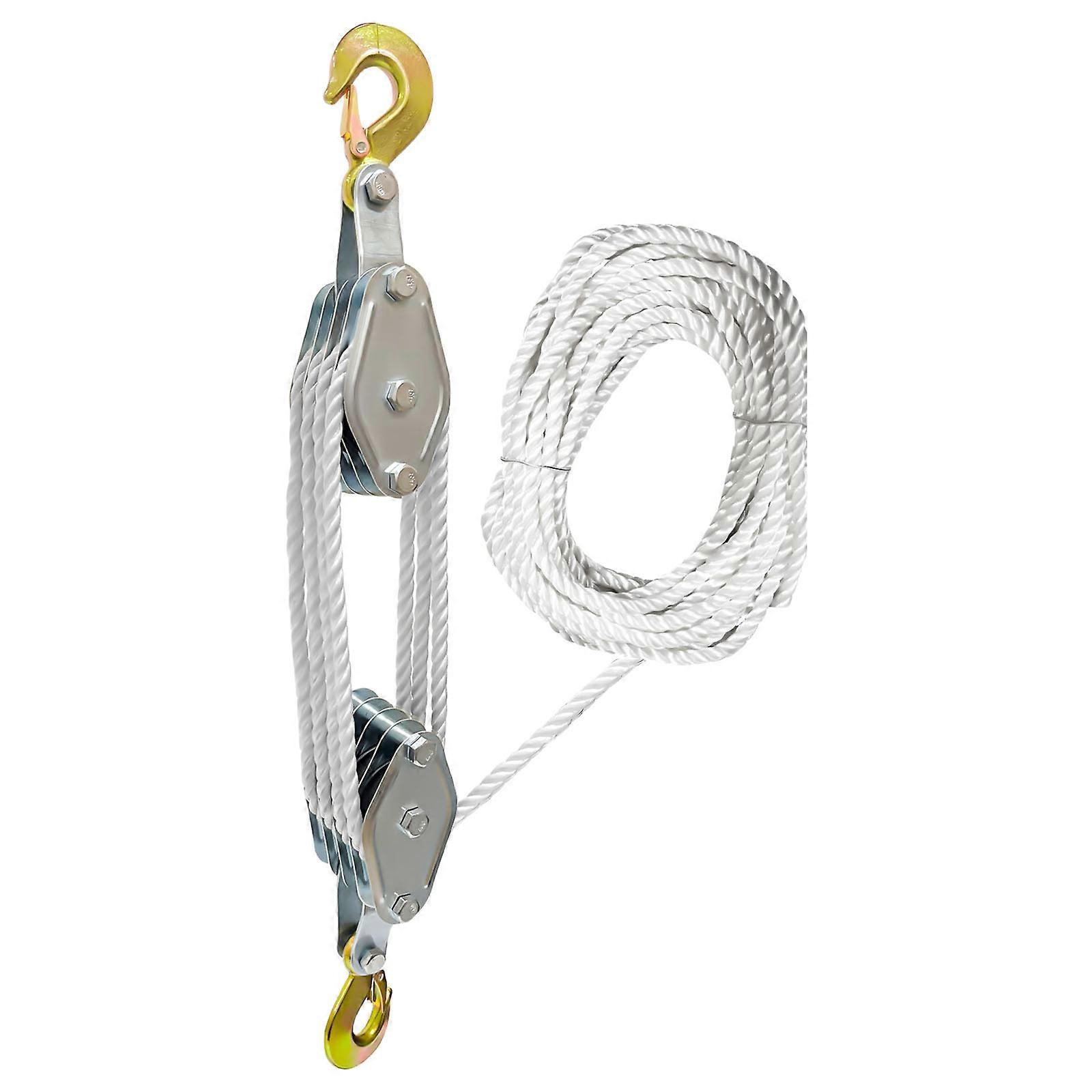 Block and Tackle Pulley System Upgraded 3/4 Wheel Rope Pulley Hoist 1100/2200Lbs Work Load Rope Hoist for Garage Hunting White rope