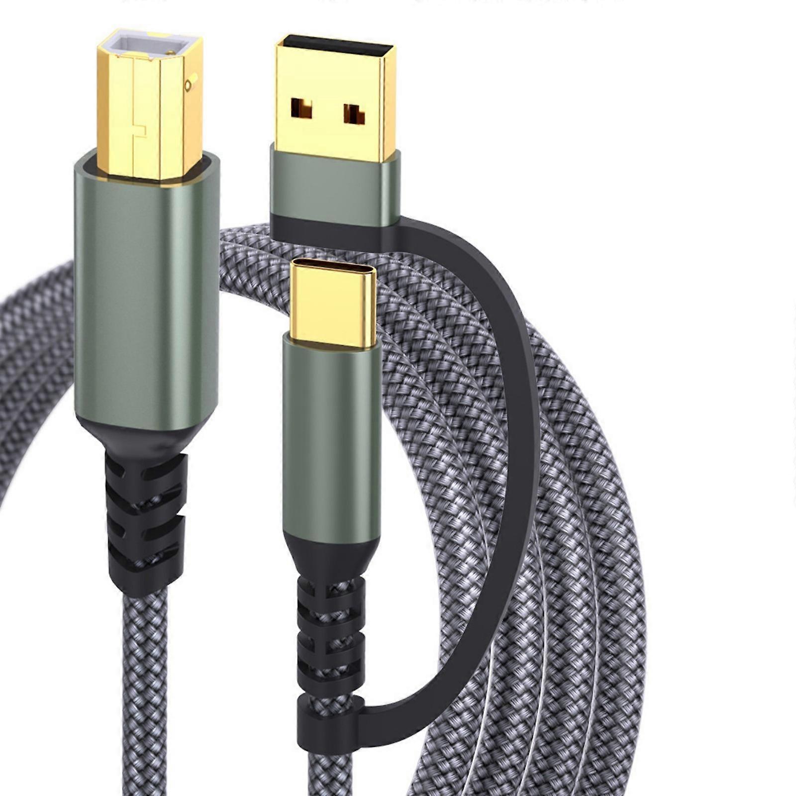 Printer Cable 2-in-1 USB-A/C to USB B Cable, USB C Cable Braideds Fast speed Printer Cord for Printer  Grey