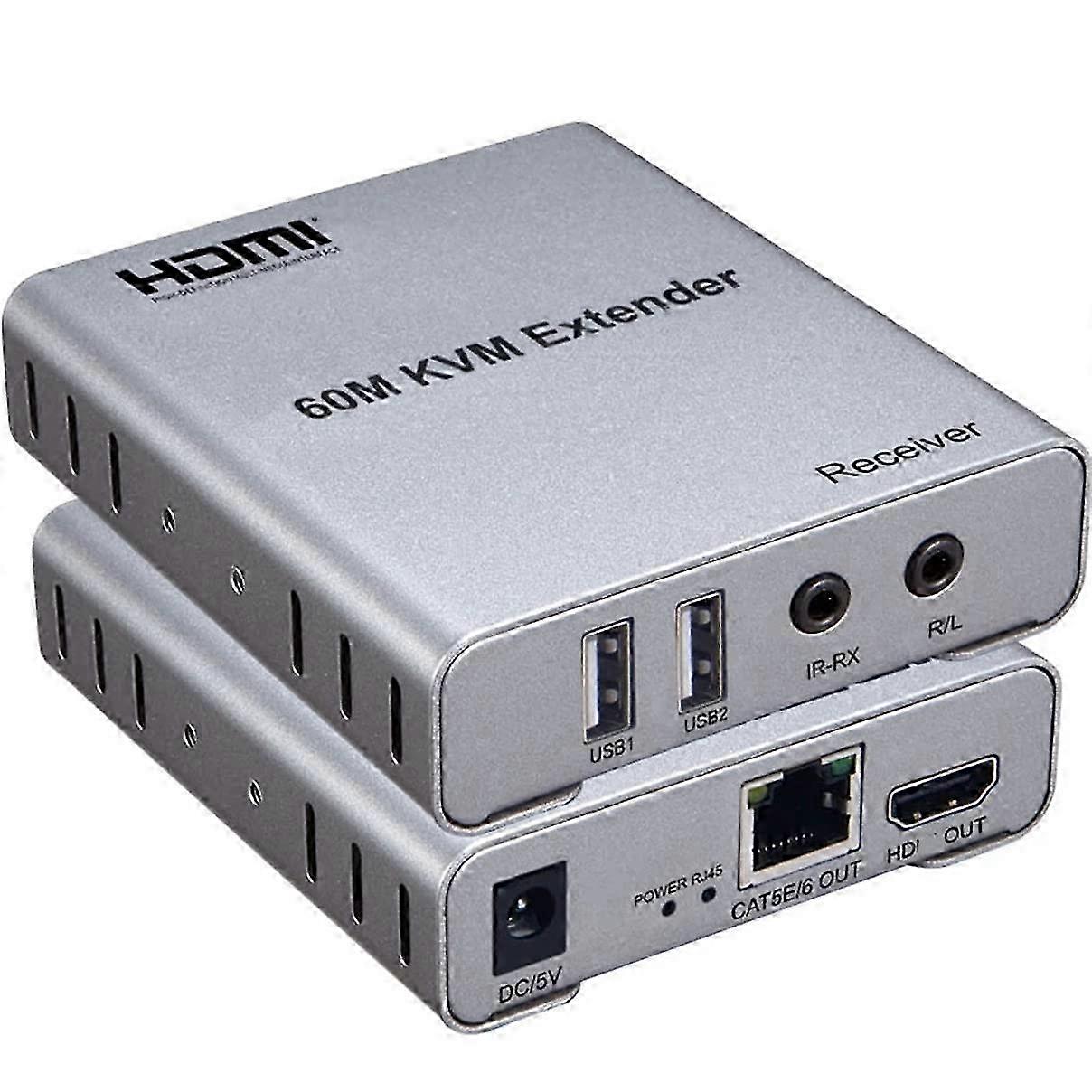 2025 60M USB KVM HDMI Extender, עם 1080P R / L אודיו על ידי CAT5E Cat6 RJ45 Ethernet כבל משדר מקלט אודיו וידאו ממיר מחשב נייד לטלוויזיה מוני
