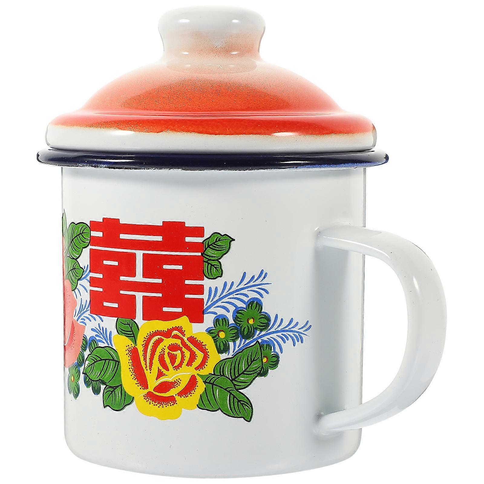 Retro Enamel Mug with Lid and Handle – Drinking Cup for Family, Friends, and Wedding Parties