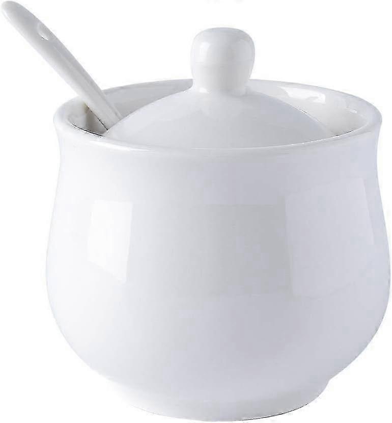 Ceramic Sugar Bowl, White Porcelain Sugar Pot with Lid and Spoon for Everyday Use