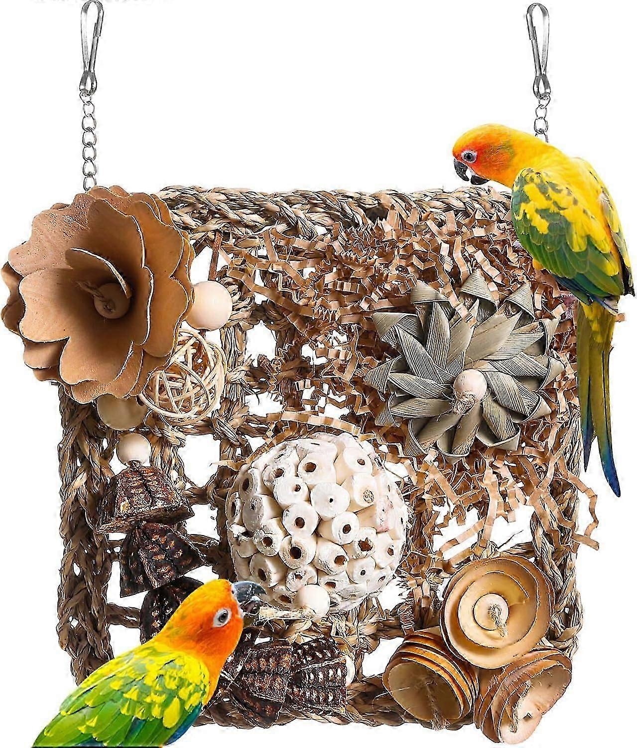 Bird Foraging Wall Toy, Seagrass Woven Climbing Hammock Mat with Chewing Toys,Parrot Shredding Hanging Toys for Cockatiel Lovebird Parakeet Budgie Sma