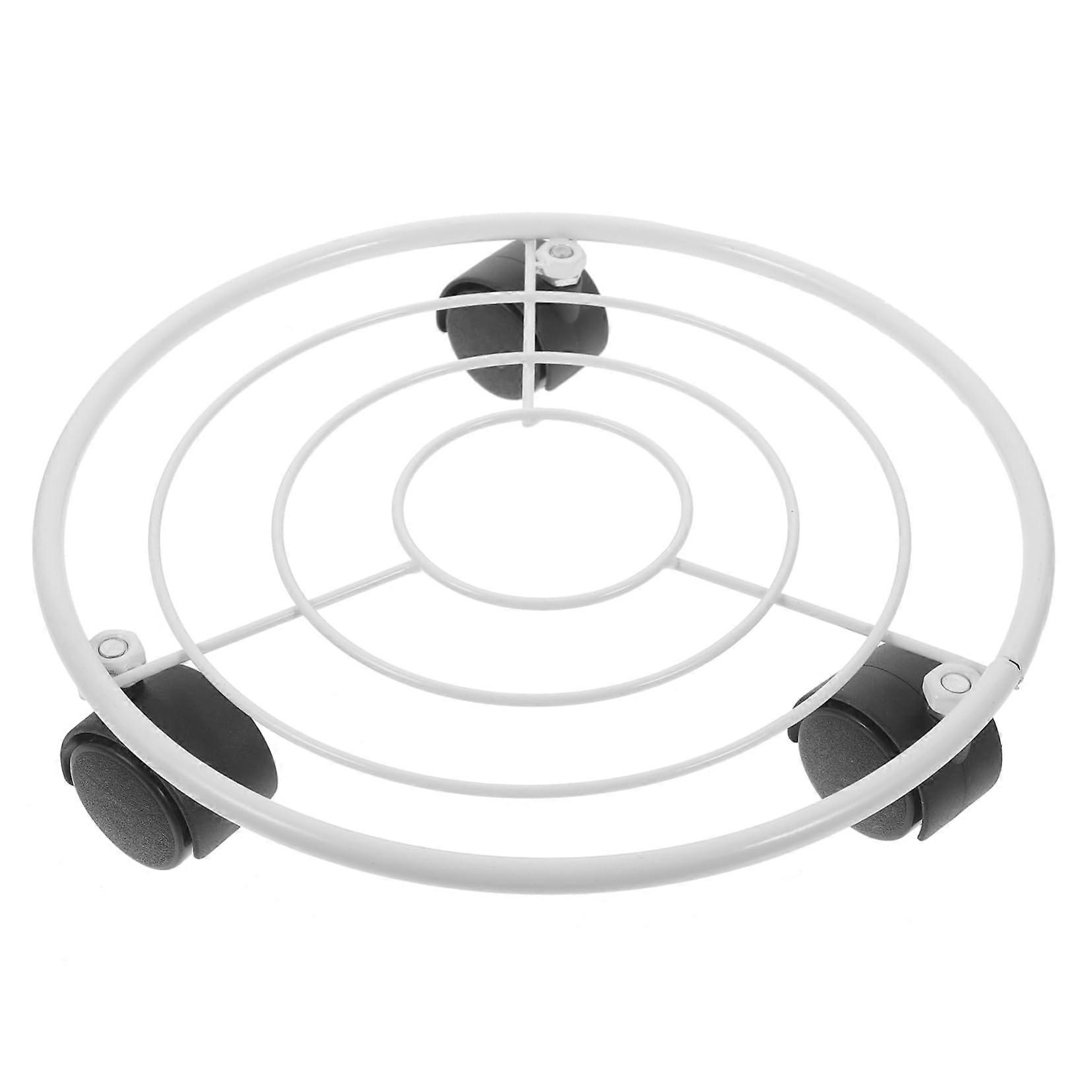 White design plant stand with movable flowerpot holder for indoor and outdoor use, ideal for large plant containers, featuring a wheel system.
