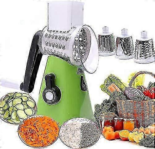 Manual Rotating Potato Grater - Kitchen Mandolin with 3 Blades for Vegetable Cutting, Easy to Use (Green)