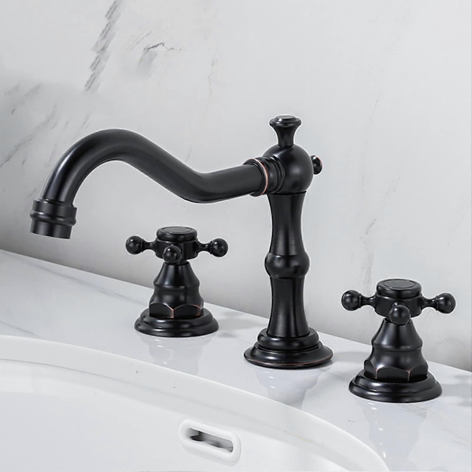 Bad Waschbecken Hahn Retro Three-Hole Basin Faucet, Brass Tap With Hot And Cold, Dual Cross Handle, Antique Black