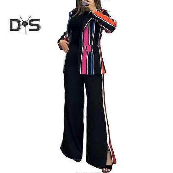 2 Pcs/Set Lady Formal Coat Pants Set Long Sleeves Colorblock Striped Lapel Cardigan Mid Length Jacket Slit Flared Leg High Waist Trousers Formal
