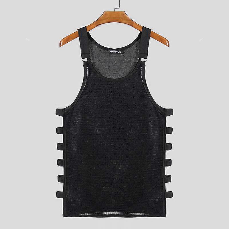 INCERUN Summer Men Strap Sleeveless Cutout Bandage Semi-Sheer Fitted Texture Tank Tops