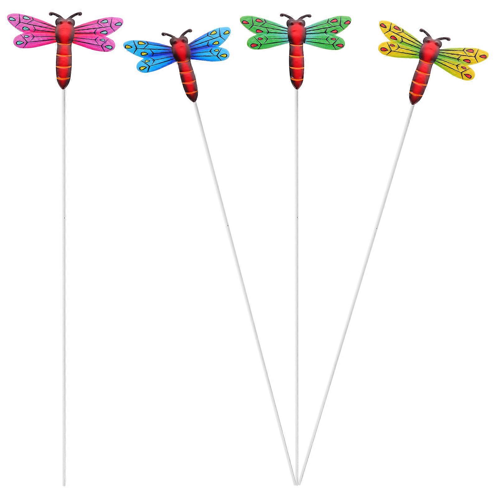 4pcs Decorative Iron Dragonfly Stakes Lifelike Garden Ornaments for Lawn & Outdoor Spaces Durable Art Decor in Green, Pink, Yellow, and Blue