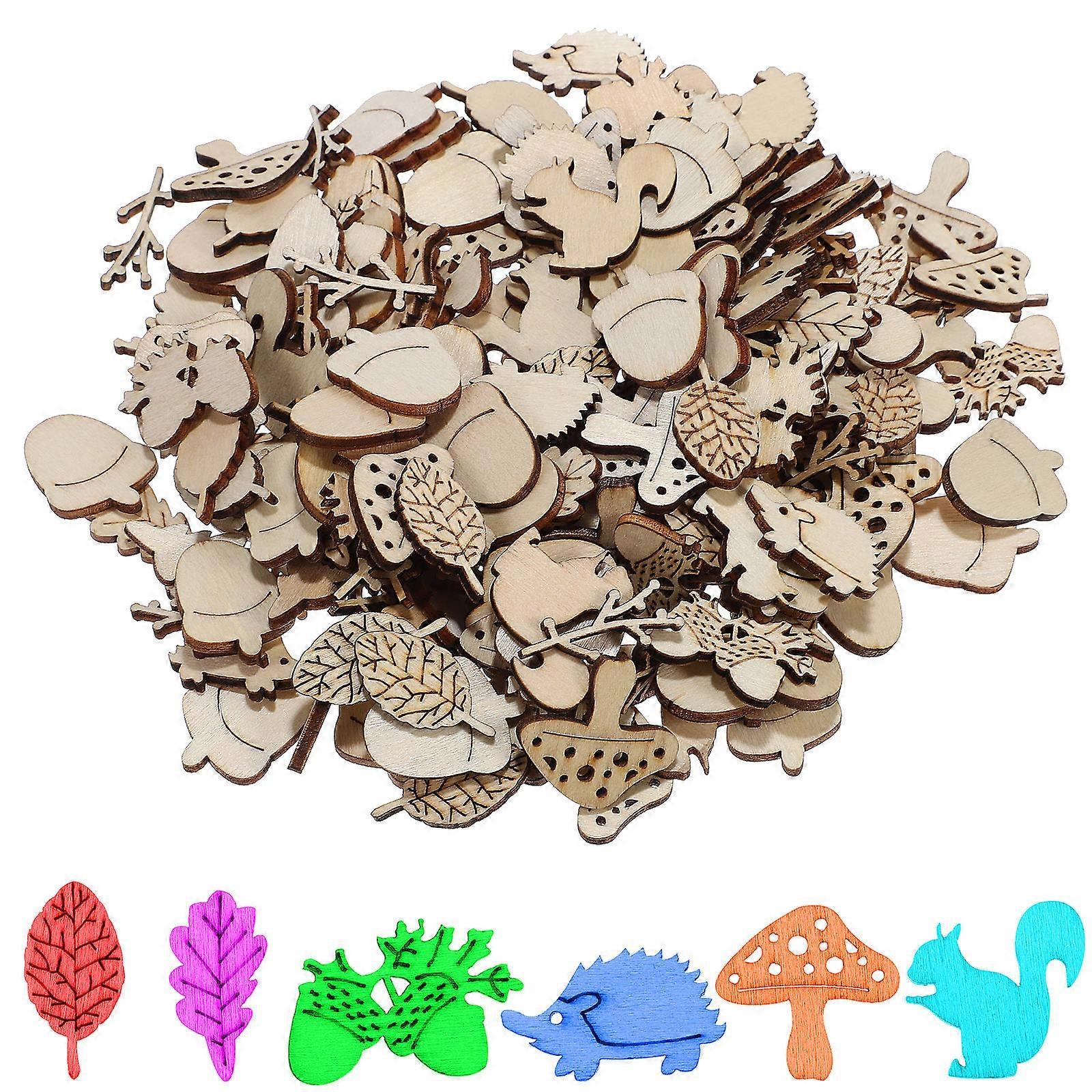 200 Pcs Light Yellow Wood Pieces for DIY Use with Smooth Surface and Animal Shapes