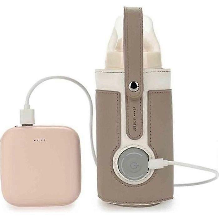Portable Leather USB Bottle Warmer Bag Adjustable 3 Temperature Thermostat Milk Heater for Baby Home/Car -Brown