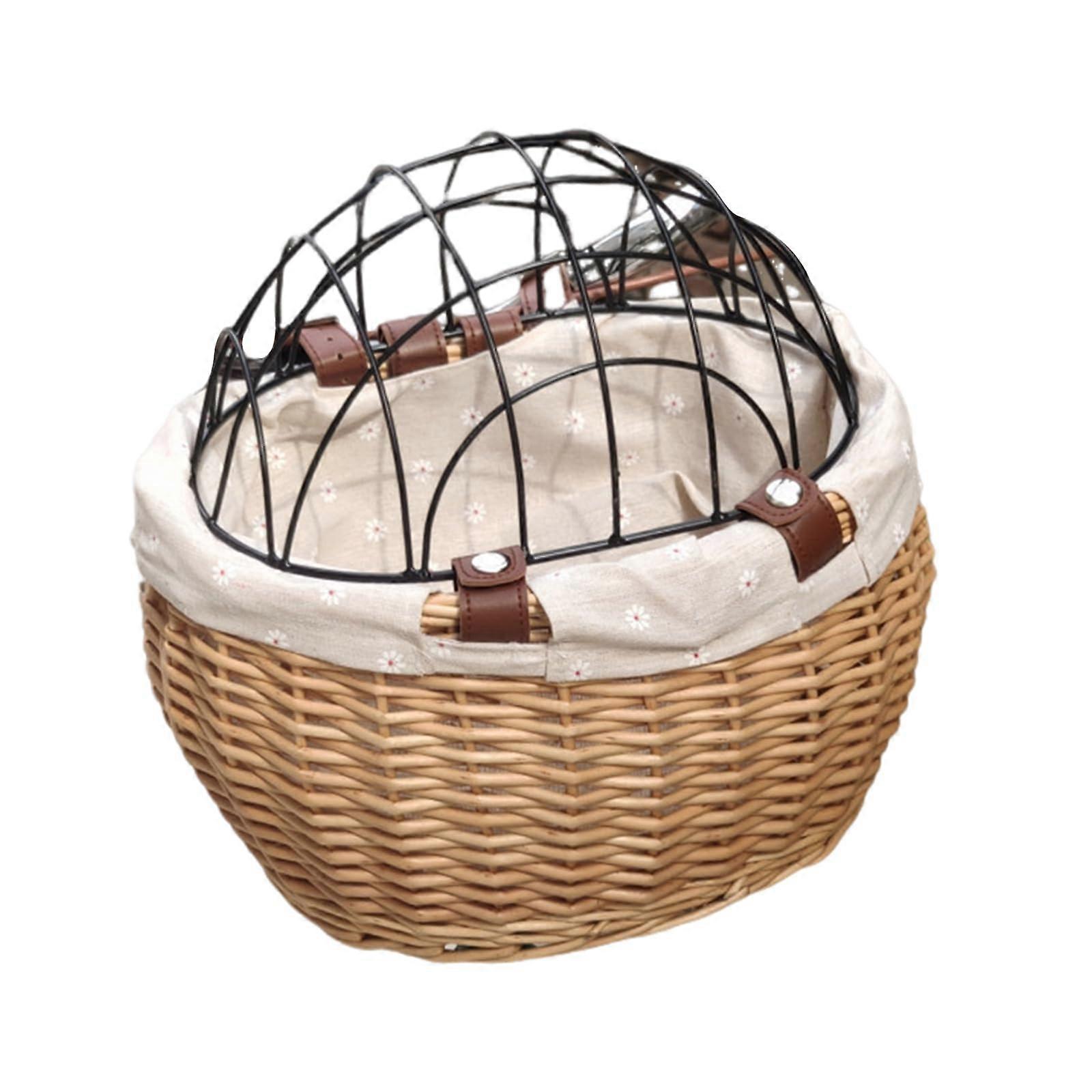 Adjustable Woven Bicycle Basket Front Handlebar With Lid, Rattan Bike Basket Mounting Strap