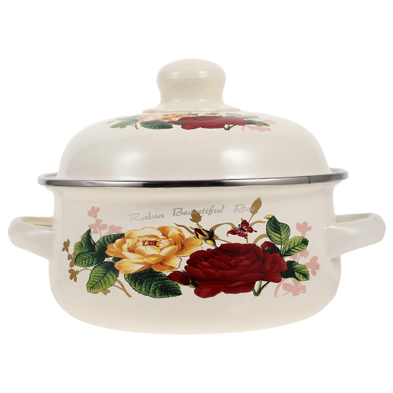 Enamel Soup Pot with Two Handles Multifunctional Suitable for Gas Electric Stoves Easy to Clean 16x16cm