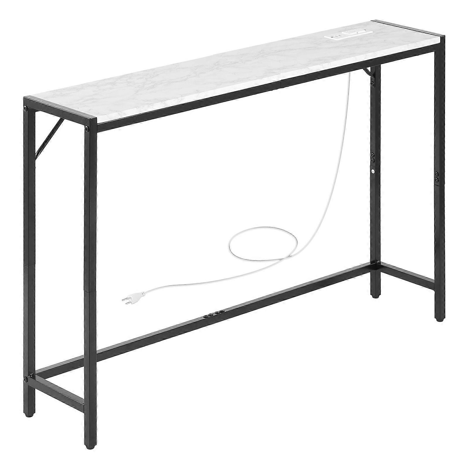 Marble Console Table, Modern Narrow Long Console Table with Power Outlet, Thin Sofa Side Table with Iron Tubes, Anti-Tip Device
