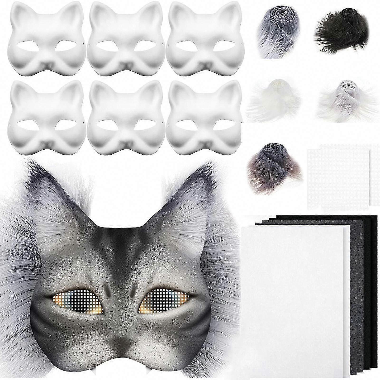 29/42Pcs White Paper Cat Face Mask Unpainted with Furry Fabric Trim Eye Mesh Felted Cloth for Masquerades