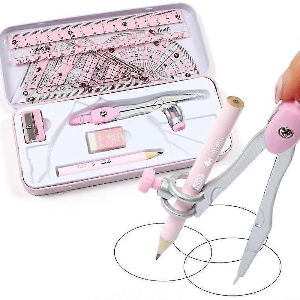 Maths Set, 8 PCS Geometry Sets, Metal Durable Outer Box Set, Protractor and Compass Set with Ruler Protractor Eraser (Pink)