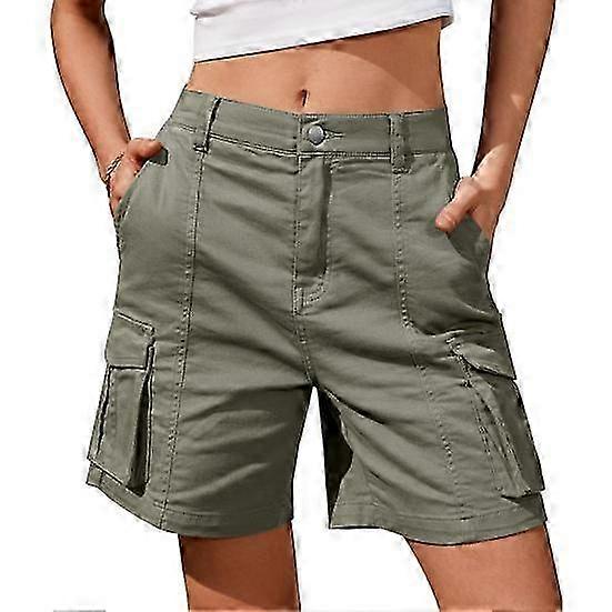 Women Shorts High Waist Wide Leg Knee Length Button Zipper Fly Pure Color Elastic Waist Multi Pockets Deep Crotch Loose Thin Quick Dry Lady