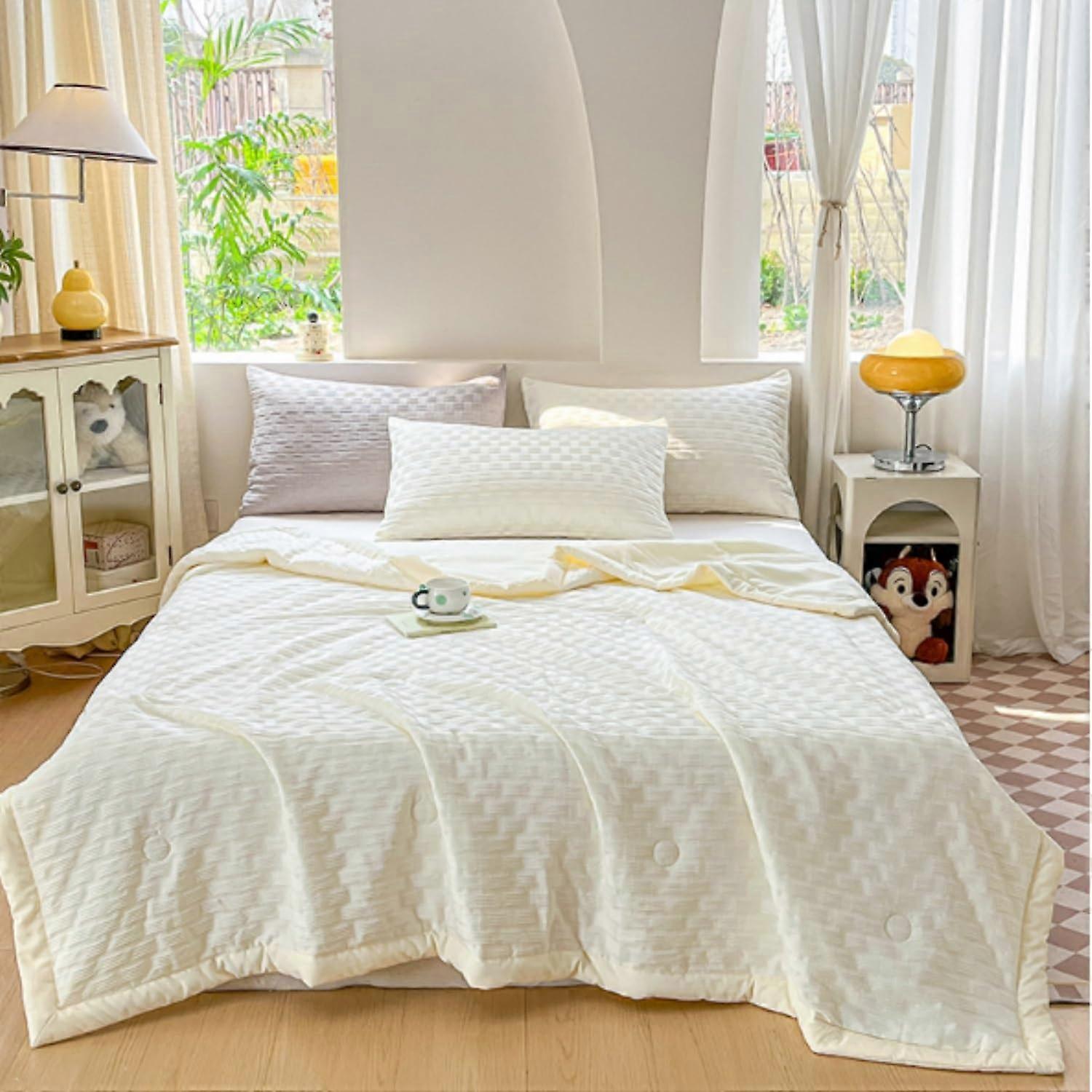 Lightweight Bedding Reversible Cooling Blanket Textured Gauze Coverlet Waffle Design Breathable All Season White Medium