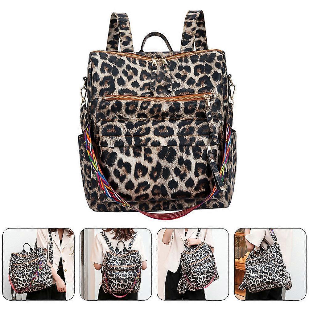 Brown Large Capacity Student Backpack Leopard Printing Book Bag Multi-functional Carrying 1Pc
