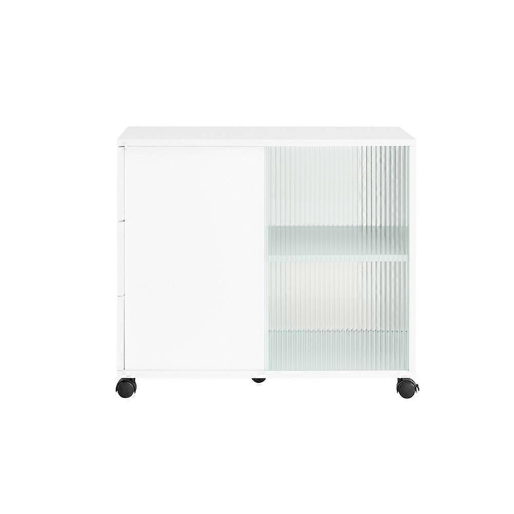 SoBuy FBT141-W, armoire de rangement mobile Table d’appoint de canapé avec 2 portes coulissantes en verre Table d’appoint avec 3 tiroirs et 2 compartiments de rangement