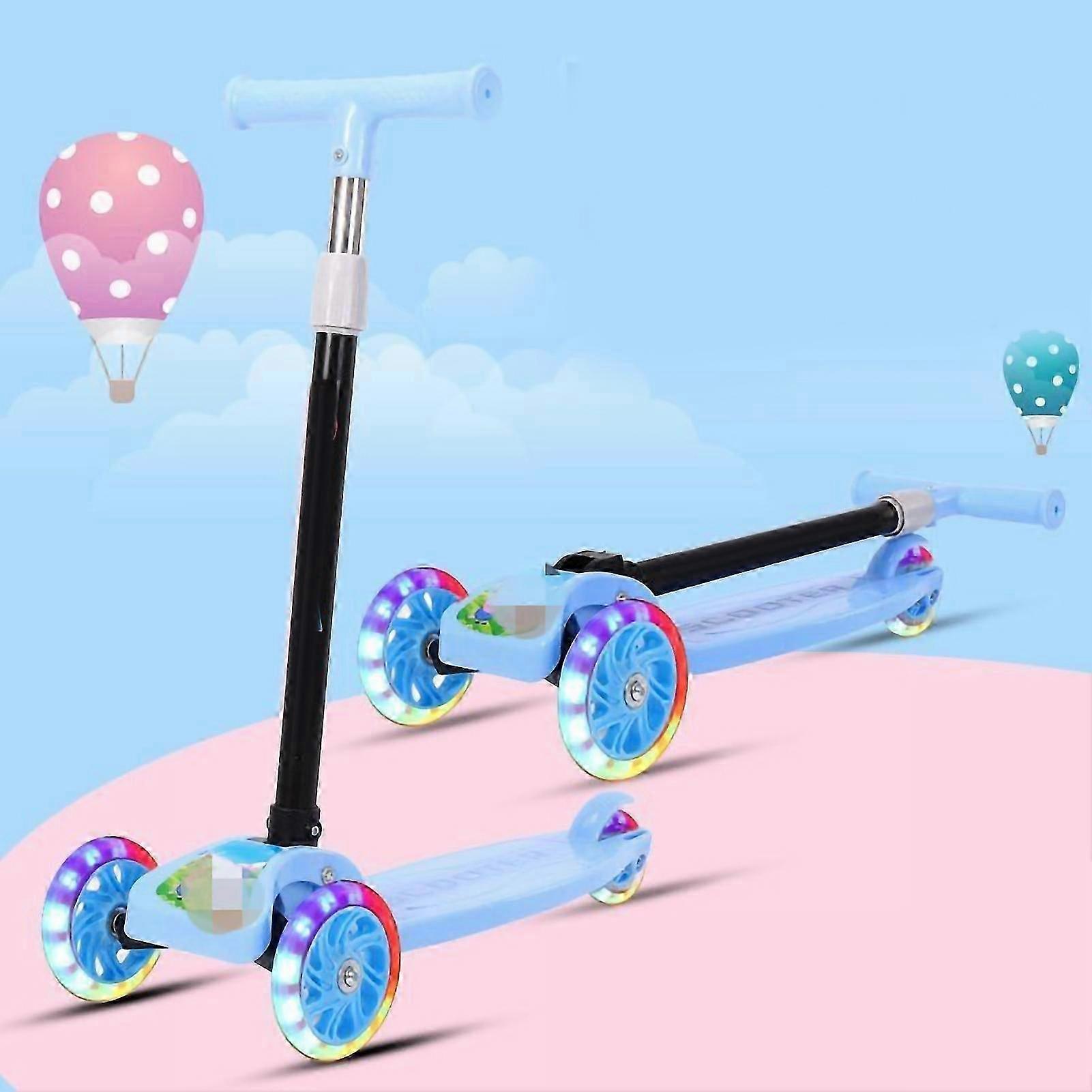 Folding Children Scooter 3 Flashing Wheels Glider Push Adjustable Height Wide Deck for 28 Years Boys Girls Blue