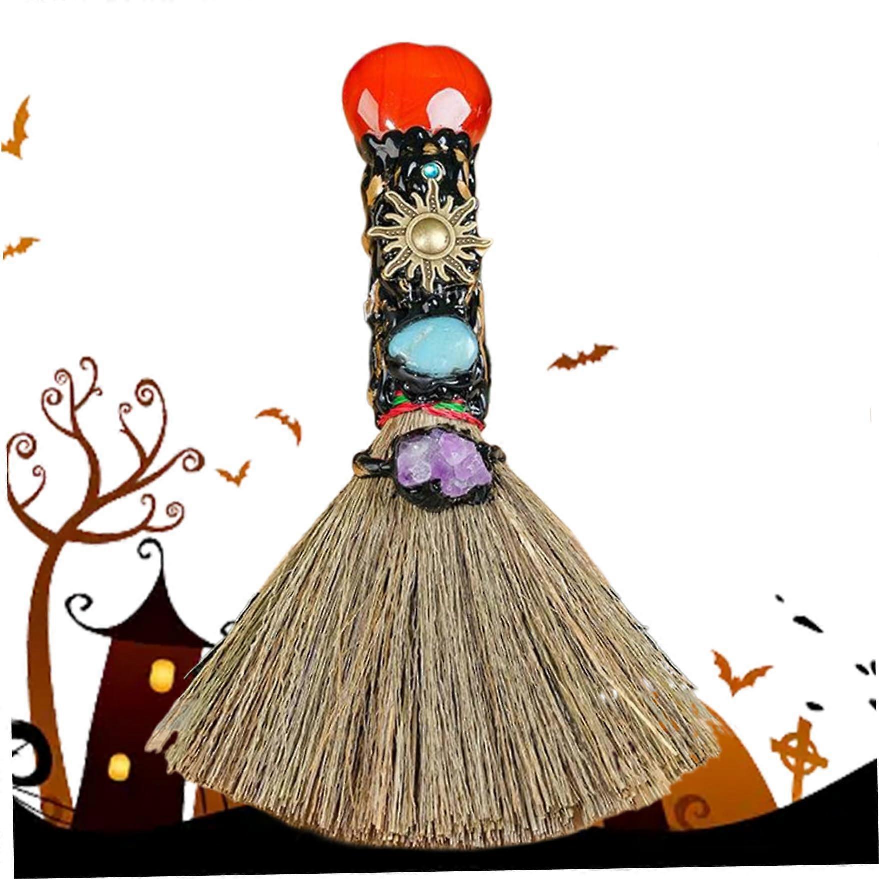 Halloween Witch Broom with HeartShape Red Agate for Wiccan Altar, Cleansing and Feng Shui Decor