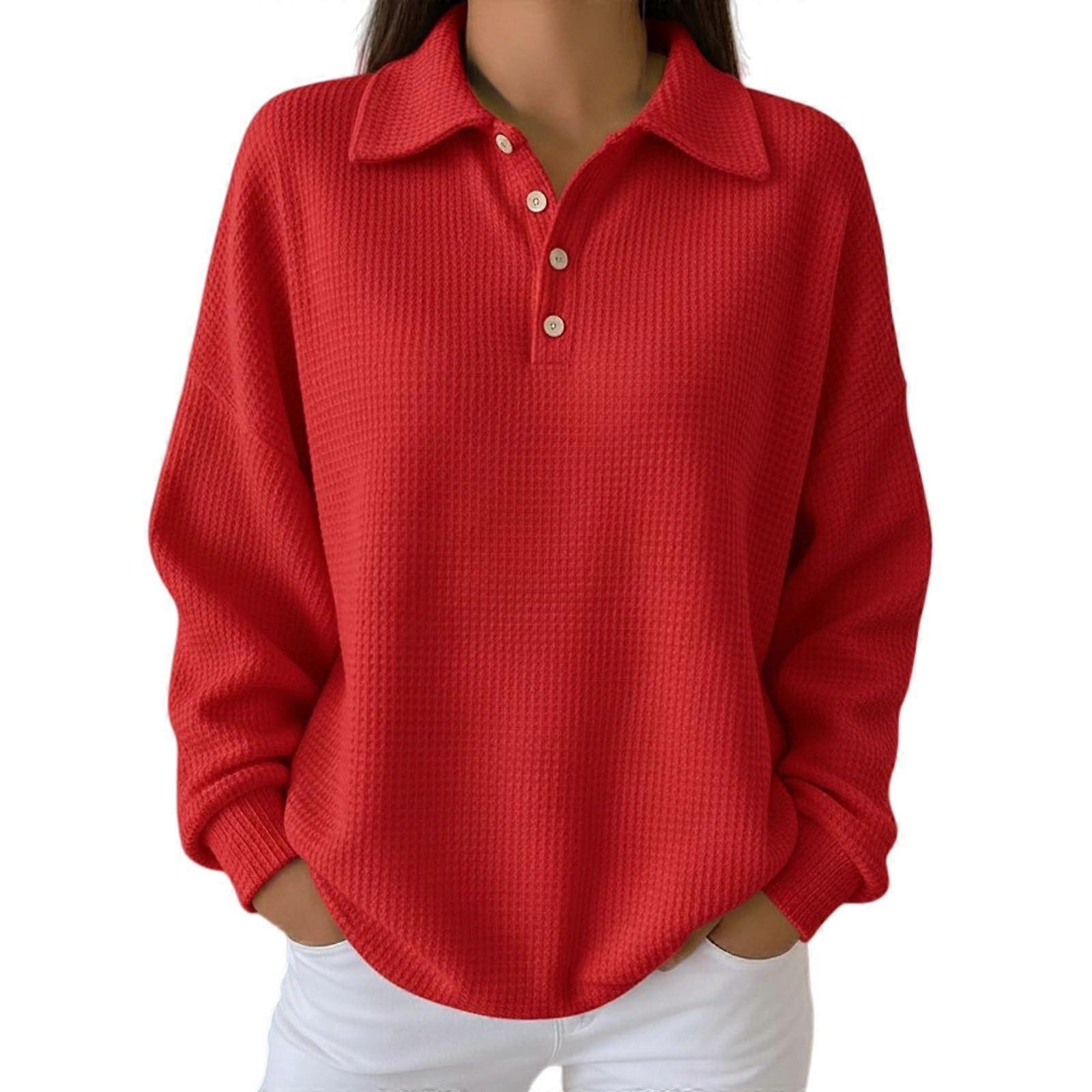 Tunic Tops for Women Loose Fit Dressy Waffle Knit Long Sleeve Shirts Trendy  Fall Button Up Crewneck Sweater Casual Pullover Red XL | Fruugo UK