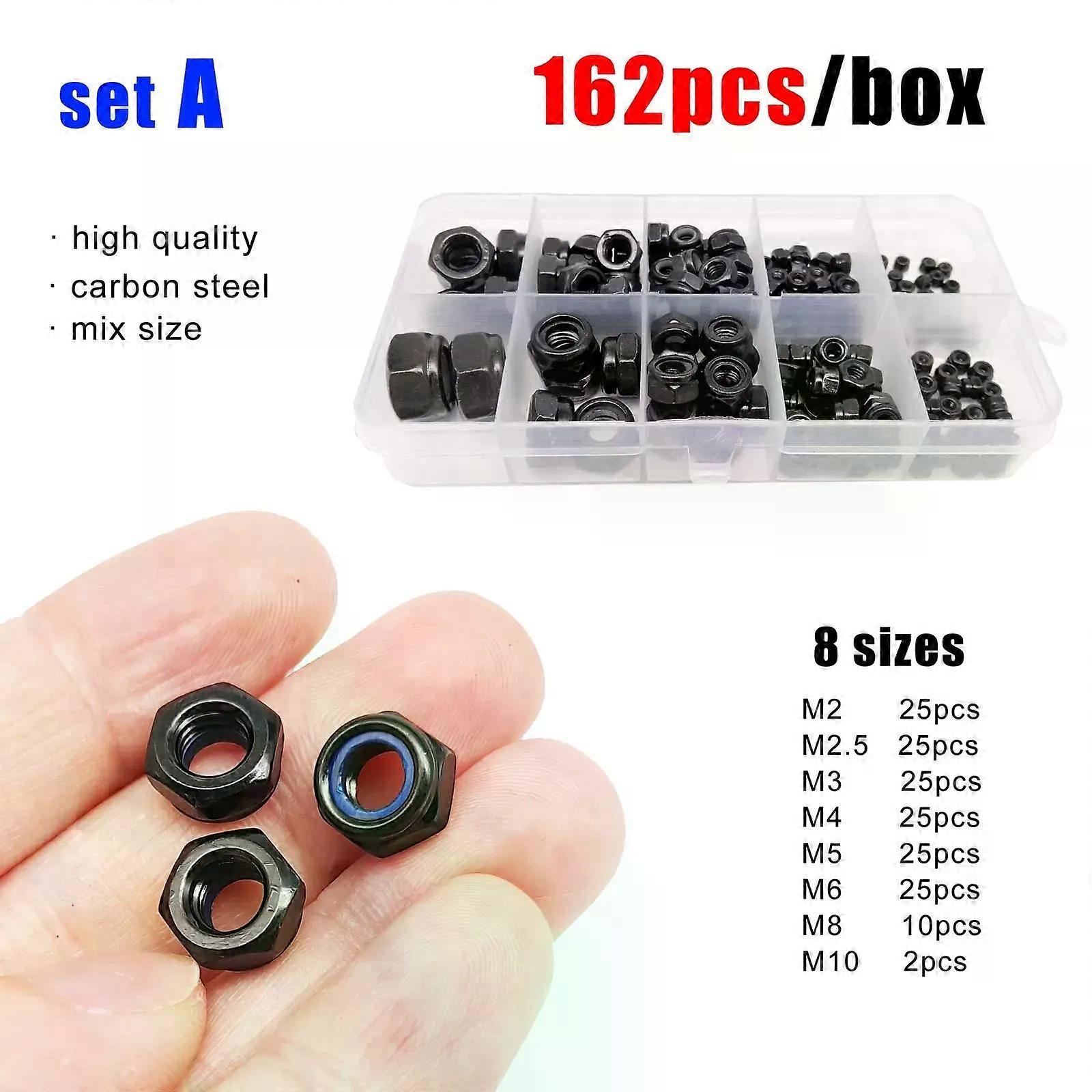 357/200/162pcs Mix M2 to M12 Set Kit DIN985 Black Carbon Steel Hexagon Nylon Insert Lock Nut Hex Self Locking Nylock Locknut