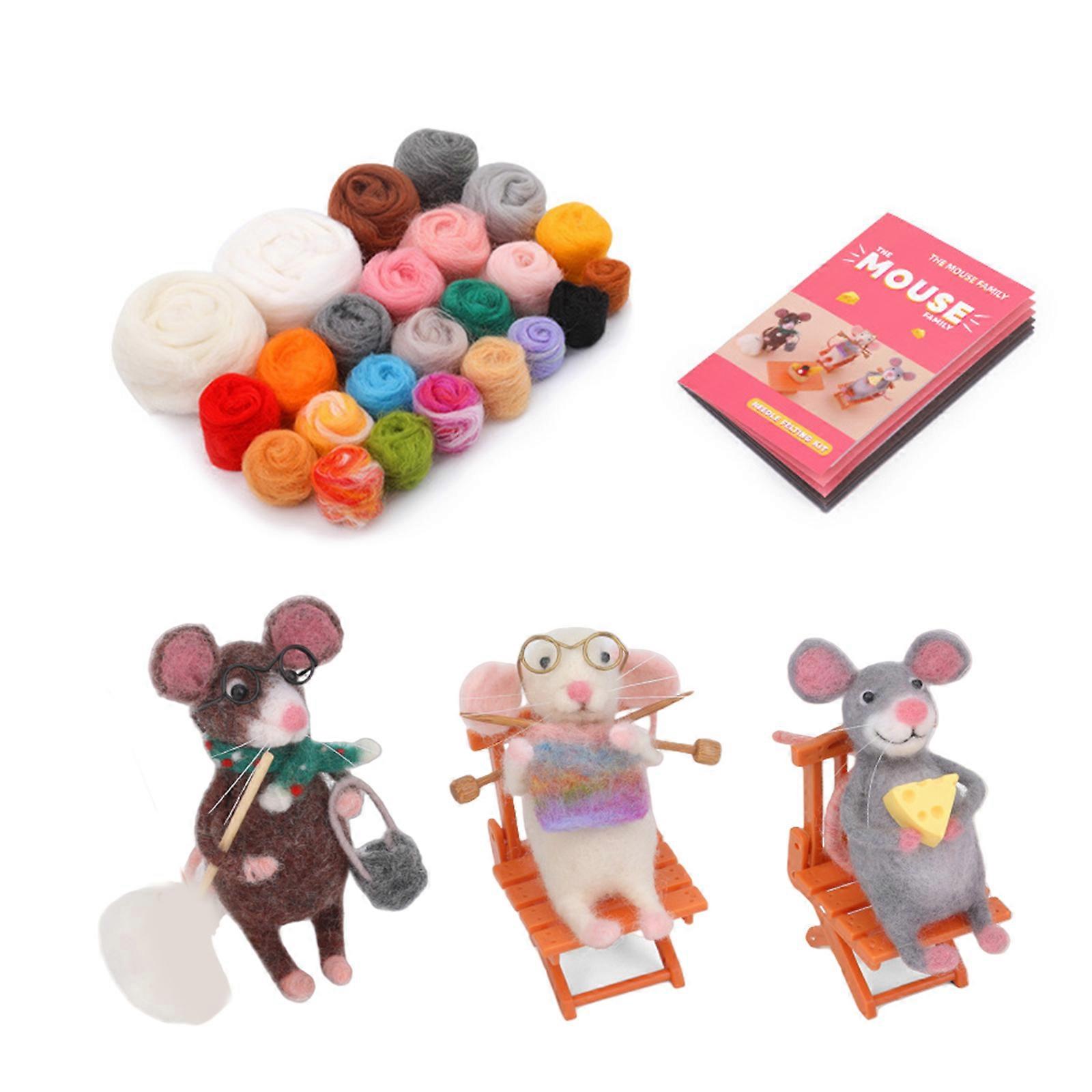 Mouse Family Wool Felted Set Needle Felting Supplies with Instruction Needle Felting Pad Felting Needle for Beginner Multicolor