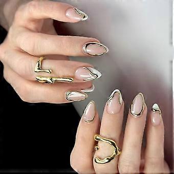 24Pcs Press on Nail Almond Glues on Nail French Fake Nail Designs False Nail Artificial Nail Gifts for Women Girls Multicolor
