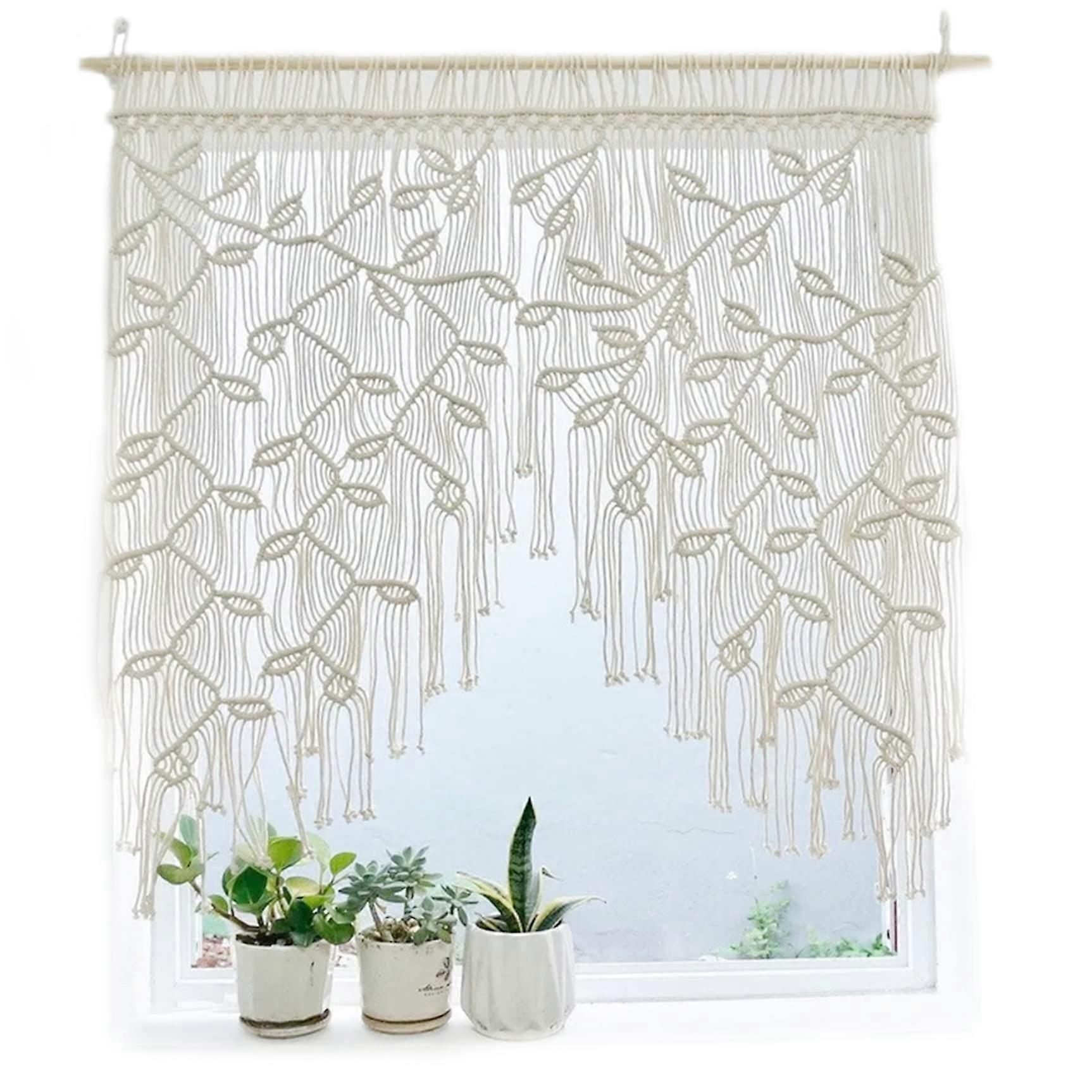 Boho Macrame Curtain with Woven Leaf Design for Living Room, Doorway or Balcony Decor