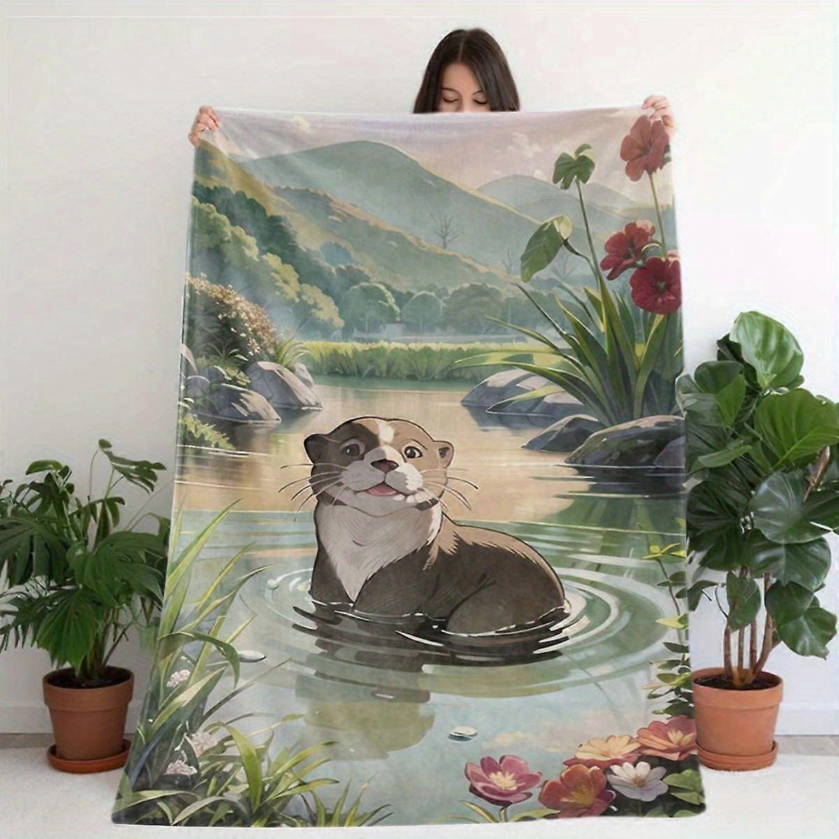Otter Cartoon Pattern Throw Blanket, Soft Warm Fleece, Multi-Use for Sofa, Office, Bed, All-Season Nap Blanket, Polyeste-AZXRT367