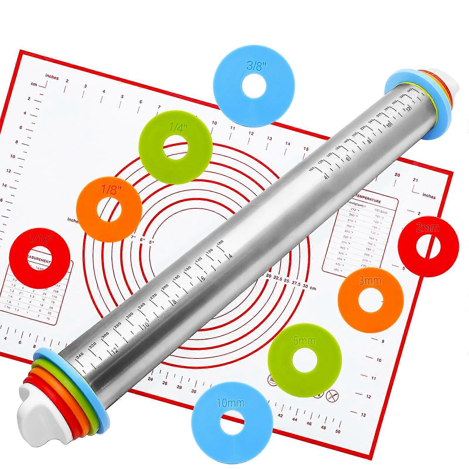 Adjustable Stainless Steel Rolling Pin with Thickness Rings and Nonstick Pastry Baking Mat Set Red