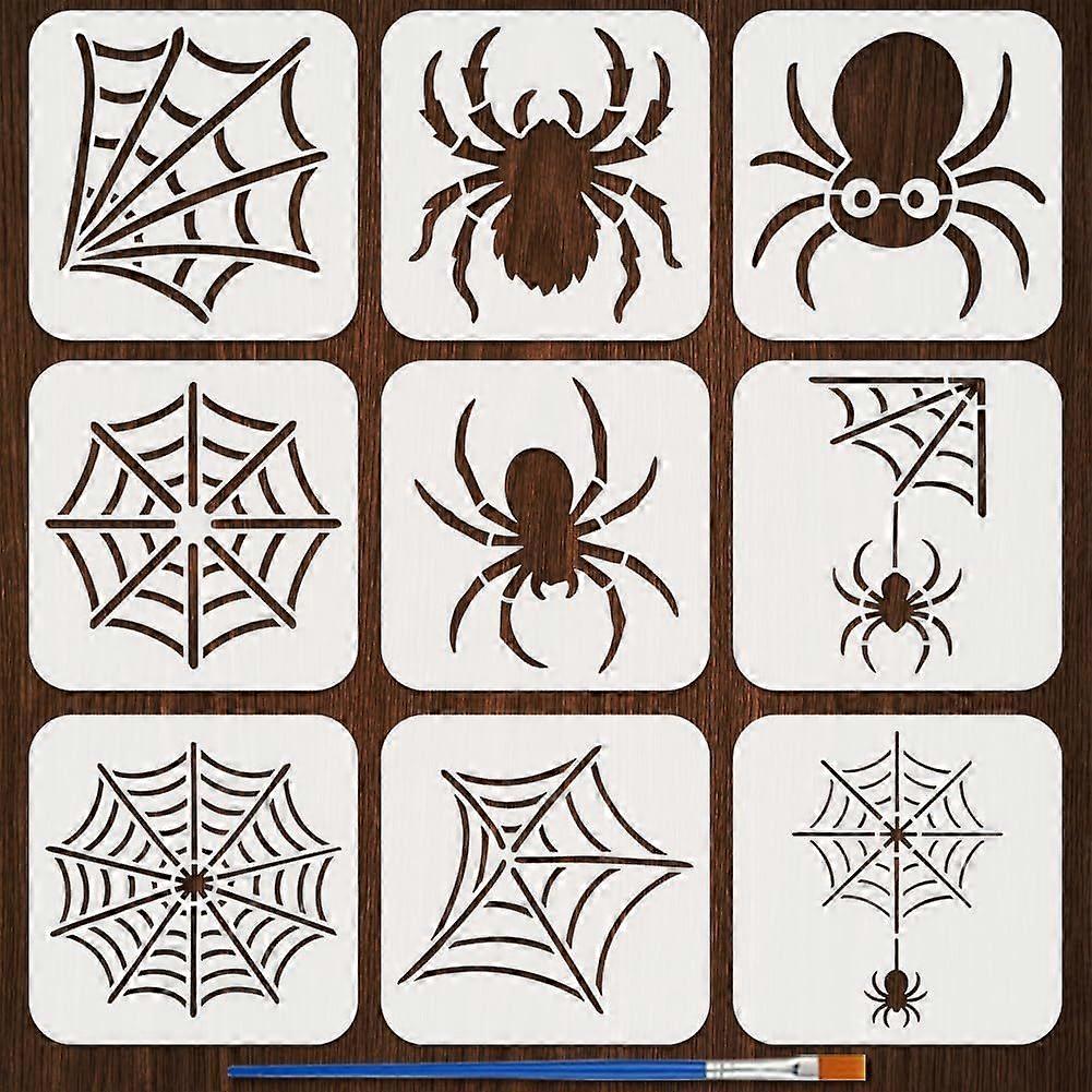 9PCS Spider Stencils with 1Pc Plastic Brush 5.9x5.9inch 9 Styles Spider Webs Pattern Drawing Stencil Theme Template for Painting on Wall Wood Fabric F