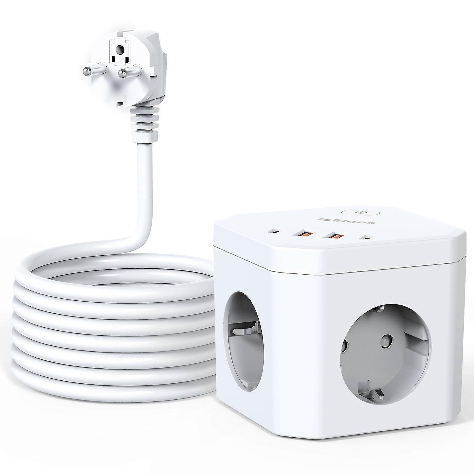 4-Way Multiple Socket with 2 x USB-A and 1 x USB-C, 3680 W Cube Power Strip with 1.5 M Cable, Power Cube Charger for Office