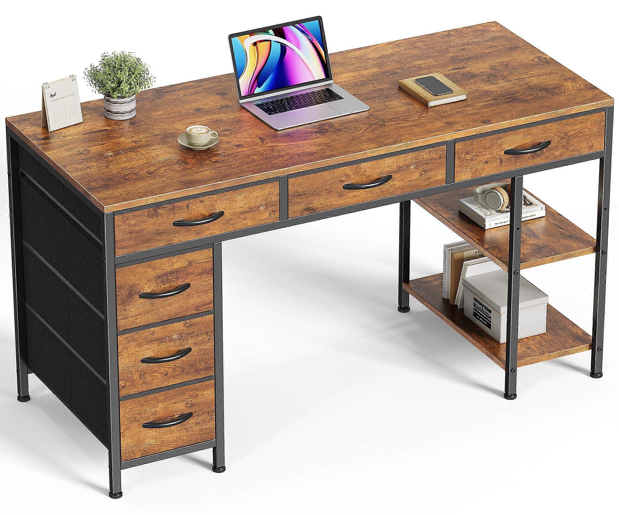 47 Inch Computer Desk with 6 Drawers, Rustic Brown Office Desk with Shelves, Reversible Layout
