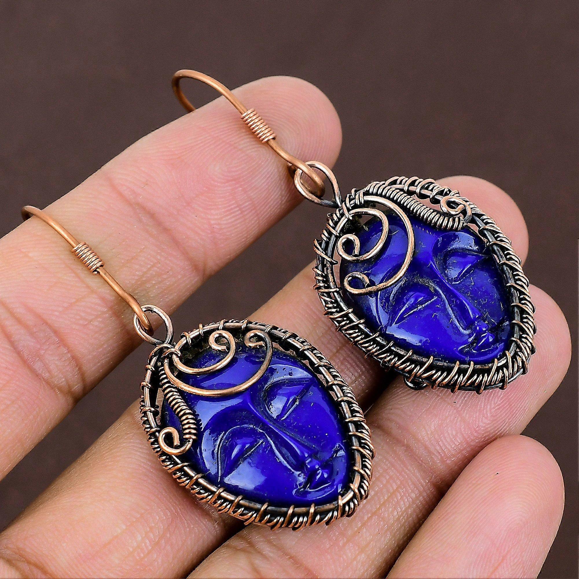 Natural Blue Cameo Face Gemstone Handmade Copper Wire Wrap Earring 2.44 o7o44