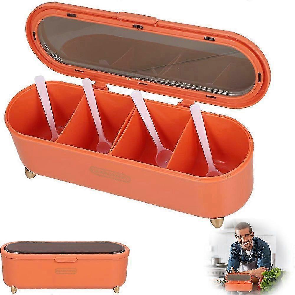 Spice box, 4-compartment spice jar storage container for kitchen organization and spice storage.