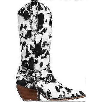 Cow Print Cowgirl Boots Block Chunky Heel Mid Calf