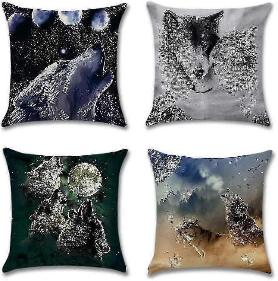 4Pcs Cotton Linen Decorative Pillow Covers Wolf Pattern