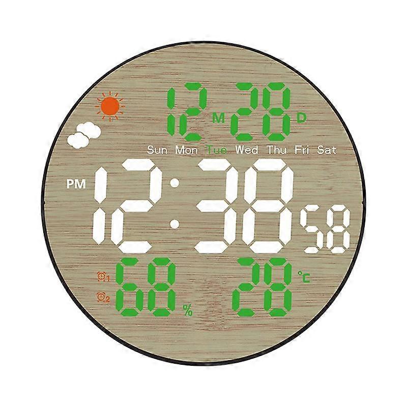 DS-5853L Multifunctional Wall Clock, LED Round Bamboo Pattern Weather Display Electronic Clock
