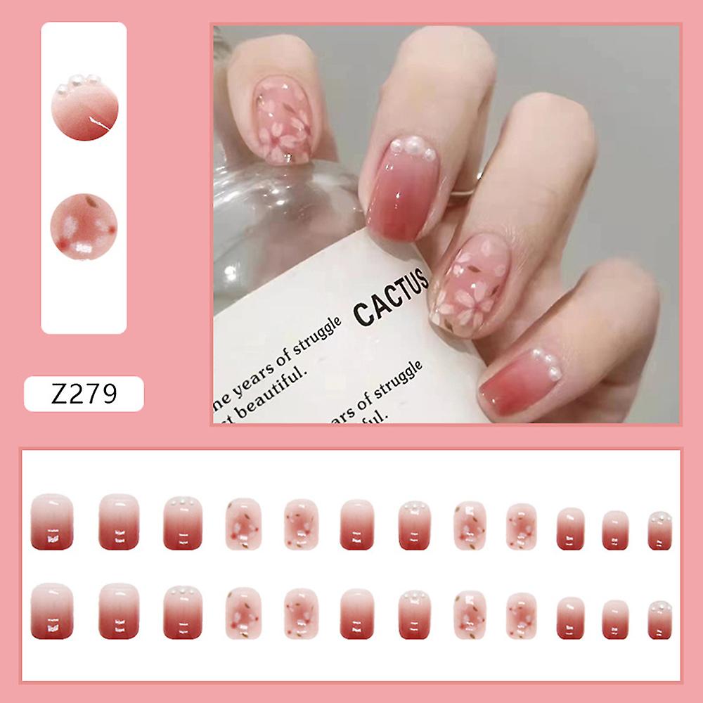Gradient Pink Flower Printed Press-on Nails With Harmless And Smooth Edge Nails