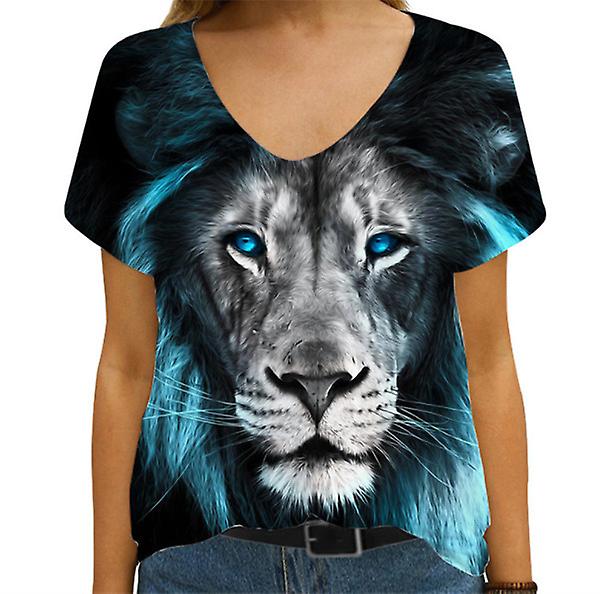2022 New Trend Women's Short Sleeve Summer Ins Lion Print V-neck Loose Ladies T-shirt
