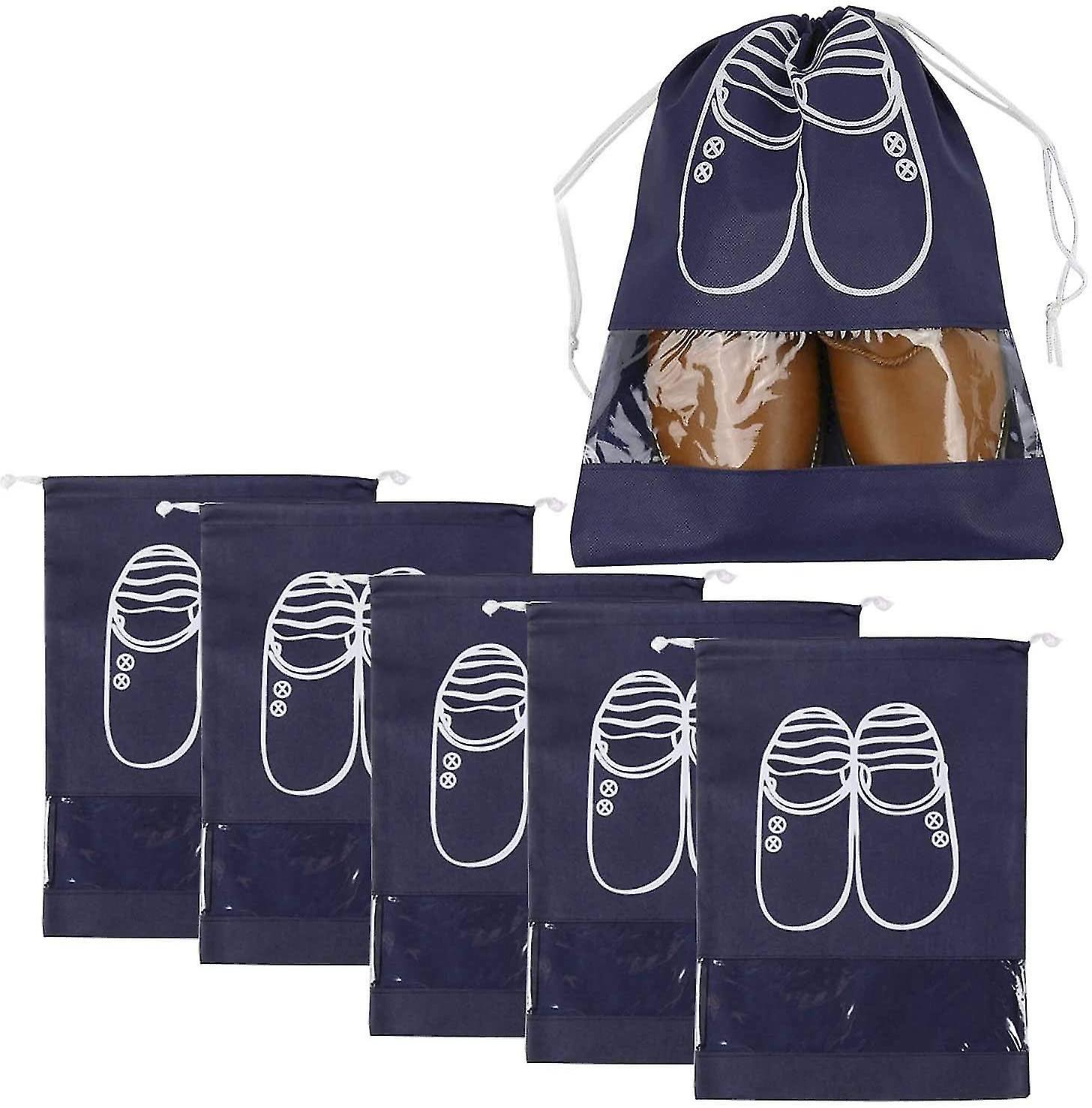 Pack Of 5 Portable Travel Shoe Organiser Bag For Boots, High Heel - Drawstring, Transparent Window, Space Saving Storage Bags, Large Size, Navy Blue