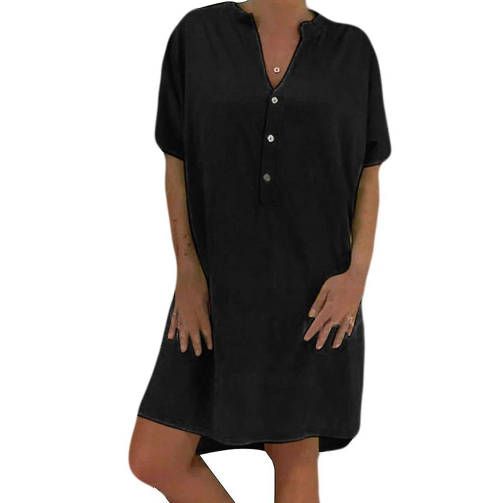 Solide lose Basic-Kleid, Frauen Button Kurzarm-Tennis-Kleid