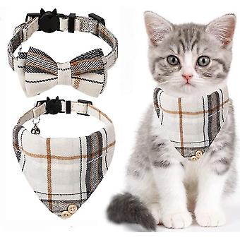 SBMLV-Bow Tie Cat Collar Bandana - 2 Packs Classic Plaid Check Ginham Cat Collars with Scarf and Bow Tie - Adjustable Size with Bell