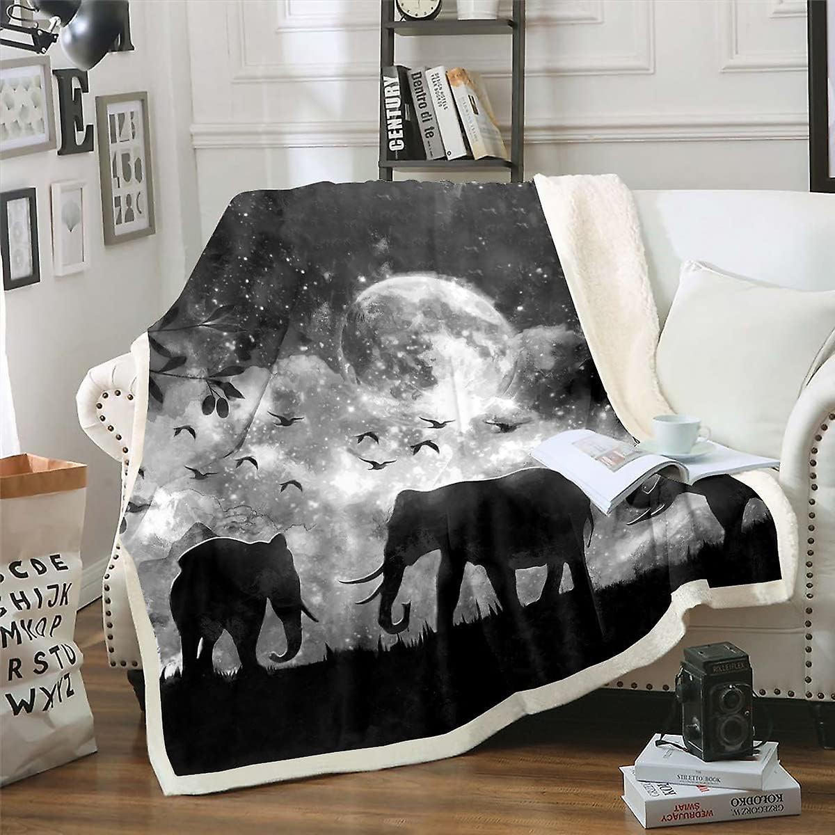Elephant Plush Blanket Boho Exotic Abstract Fleece Throw Blanket for Kids Boys Girls Elephant with Sun Sherpa Blanket Wild Animal Fuzzy Blanket for So