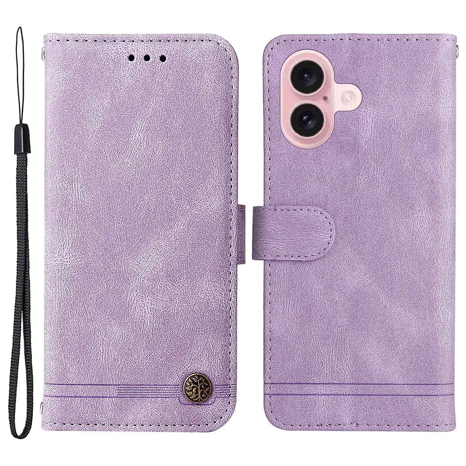 For iPhone 16 Case Wallet Leather Phone Cover Tree Hardware Decor - Purple